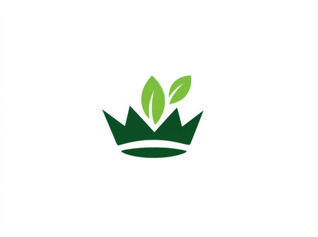 A logo featuring a stylized green crown with two leaves is set against a clean white background. The design employs simple shapes and vibrant colors. It suggests a concept related to nature or royalty, suitable for use in various branding materials. This image may be ideal for commercial and editorial uses.の素材