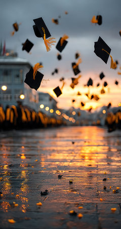 Black graduation caps with gold tassels are tossed high in the sky. The image features a shallow depth of field, golden hour lighting, and a reflective surface. This visual concept represents accomplishment and celebration. It may be suitable for educational campaigns, success stories, or motivational content.の素材