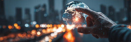 A hand cradles a glowing globe, a symbolic representation against a blurred city backdrop. The image utilizes cool tones with bright focal points. The composition creates a visual narrative suited for concepts of technology and the future. Suitable for commercial applications such as advertising and editorial design.の素材