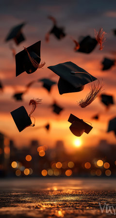 Black graduation caps are tossed in the air against a vibrant sunset sky. The caps' tassels are visible, and the scene is set with bokeh lights in the distance. The overall composition suggests a moment of celebration and achievement, suitable for various editorial and promotional purposes.の素材