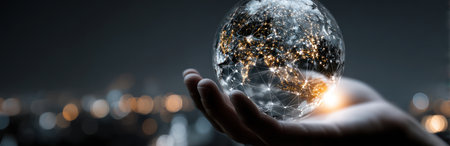 A hand cradles a glowing globe, its surface illuminated with lights. The image showcases a dark background with blurred lights suggesting a cityscape. The composition emphasizes the globe's detail and the hand's gentle hold. This image could be utilized for various commercial and editorial projects.の素材