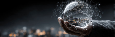 A close-up captures a hand cradling a crystal ball, reflecting a blurred cityscape. The image features a dark, dramatic setting with shallow depth of field, focused on the ball. The lighting creates a sense of mystery. Suitable for conceptual illustrations, design projects, and advertising materials.の素材