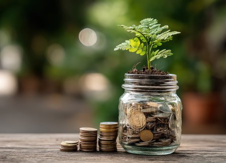 A small plant sprouts from soil within a transparent jar overflowing with coins. Stacks of coins sit nearby on a wooden surface. The image features natural lighting, a blurred background, and offers visual representation of savings, growth, and investment. It could be used for financial, economic, or environmental themes.の素材
