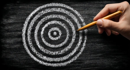 A hand uses a pen to draw concentric circles on a dark chalkboard. The composition features a close-up view, highlighting the texture of the surface and the contrasting colors. The lighting is focused, suggesting a studio environment. This image is suitable for various commercial projects related to strategy or goals.の素材