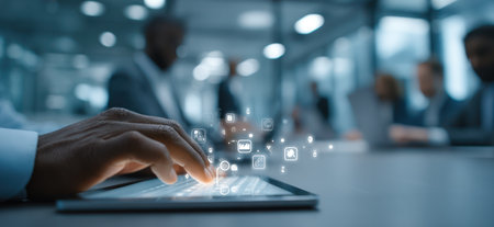Close-up of a hand touching a tablet screen, interacting with digital icons. The image features a blue color scheme with soft focus, suggesting an indoor setting. This visual concept could be suitable for illustrating technology, data, or business themes in various commercial and editorial contexts.の素材