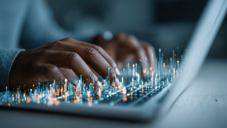Close-up view of hands typing on a laptop keyboard with digital data visualization. The image displays a cool color palette with highlights. It suggests a technological setting with a shallow depth of field, emphasizing the hands and keyboard. Suitable for use in technology and business-related commercial projects.の素材