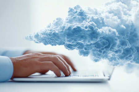 Hands typing on a laptop keyboard are visible, partially obscured by a stylized cloud formation. The image features soft lighting and a blurred background. The composition suggests connectivity and data processing, conveying a modern technology theme. Suitable for illustrating digital concepts, business, and related applications.の素材