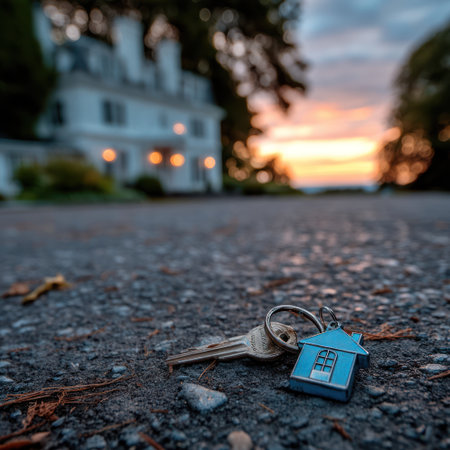 A close-up view presents a house key with a small house-shaped tag resting on asphalt. The scene includes a blurred background featuring a house and a colorful sunset. The composition uses natural lighting and a shallow depth of field. Suitable for illustrating concepts related to real estate, homeownership, or property.の素材
