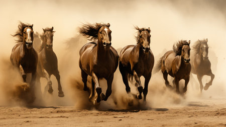 A herd of horses gallops through a dusty environment, creating a dynamic visual. The animals display a range of brown hues with flowing manes. The composition utilizes a wide angle, capturing the movement and energy. This image could be used for advertising, editorial content, and various design projects.の素材