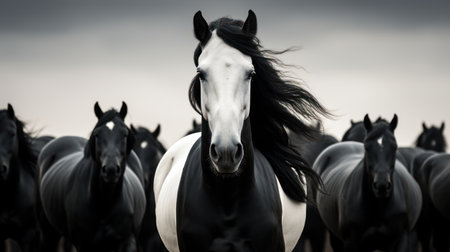 A group of horses are captured in motion, exhibiting a dynamic and powerful image. The black and white composition emphasizes the animals' forms and the movement across the landscape. The image showcases the horses in an outdoor setting, potentially usable for various editorial and commercial projects.の素材