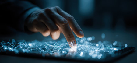 A close-up captures a hand interacting with a digital interface. The scene is illuminated by glowing blue light. The composition features a shallow depth of field, emphasizing the interaction. This imagery is suitable for various applications, including tech-related content, innovation themes, and design projects.の素材