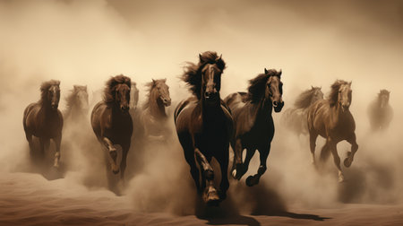 A herd of horses gallops through a cloud of dust, creating a dynamic composition. The scene features warm tones and strong lighting, possibly during the day. This image could be used for various commercial projects and editorial content to convey freedom or power.の素材