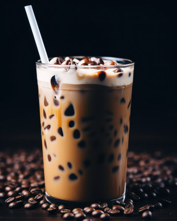 A close-up captures a glass of iced coffee, resting on a bed of coffee beans. The beverage is light brown with ice cubes and a white creamy layer topped with chocolate chips. The image is taken indoors, with focused lighting and a dark background suitable for various commercial applications.の素材