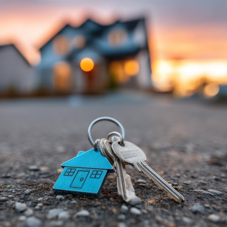 Close-up shot shows a set of keys with a house-shaped charm resting on a textured asphalt surface. The foreground is in sharp focus, while a blurred residential backdrop and a vibrant sunset create a warm ambiance. This image can be used for commercial projects related to real estate or home ownership.の素材