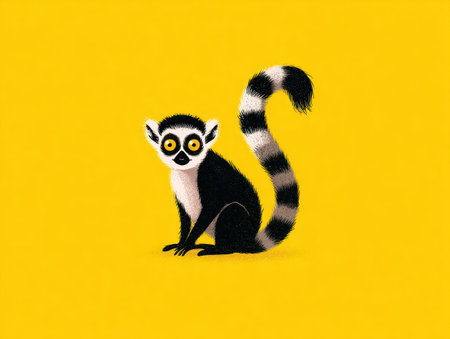 This illustration presents a lemur with striking black, white, and yellow coloring. The lemur, with its distinctive striped tail, is centrally positioned against a solid yellow background. The artwork's flat style and vibrant hues suggest suitability for various design projects, including educational resources and illustrative purposes.の素材