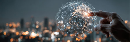 A hand reaches towards a glowing sphere made of interconnected points of light. The image features a blurred city backdrop suggesting an outdoor setting at dusk. The composition uses a shallow depth of field, emphasizing the hand and sphere. This imagery may be suitable for illustrating technology or digital concepts.の素材