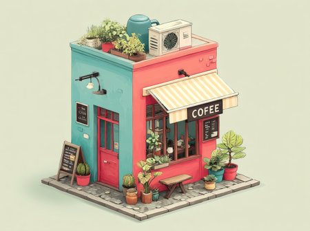 An isometric illustration depicts a vibrant coffee shop. The building features a coral and teal facade, accented by green plants. A prominent awning and signage indicate its function. The artwork employs soft lighting and a cartoon-like style. This image could be used for advertising, design projects, or editorial content.の素材