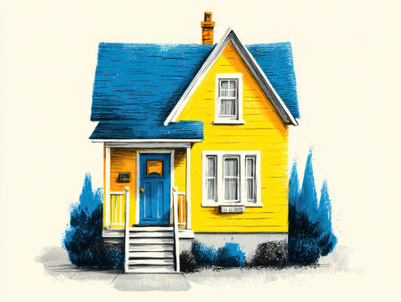 An illustrated house features a bright yellow facade with a contrasting blue roof and door. The artwork presents a simplified style with a focus on geometric shapes and vibrant colors. The composition is likely intended for use in commercial projects like advertising, or editorial content related to real estate and home ownership.の素材