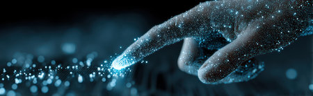 A hand interacts with a glowing network of digital information particles. The image shows cool blue tones and a blurred background, suggesting a technological or futuristic environment. This could be used for concepts of communication, data, or online connections and is suitable for various editorial or commercial applications.の素材