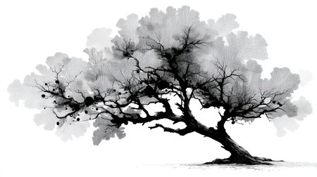 An ink wash painting depicts a tree rendered in shades of gray. The composition features intricate branches and a voluminous crown against a clean white backdrop. This artistic style, evoking traditional techniques, suggests potential uses for graphic design, print media, or visual storytelling.の素材