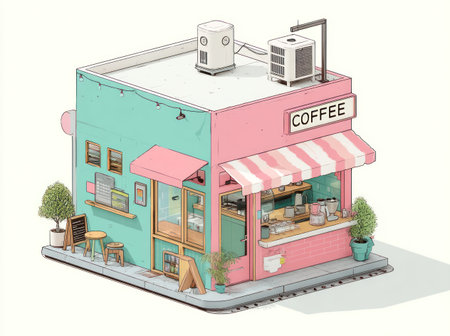 An isometric illustration depicts a small coffee shop with a colorful exterior. The building features a pink and teal facade, striped awning, and miniature trees. The artwork utilizes soft lighting and a clean, graphic style. Suitable for use in design projects or commercial applications.の素材