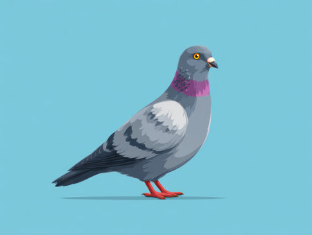 An isolated illustration presents a detailed profile view of a pigeon. The bird exhibits gray and white plumage with touches of pink and red. The smooth style features clean lines against a plain blue backdrop, suitable for various design projects. The image could be utilized in educational, editorial, or advertising materials.の素材