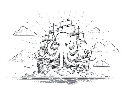 An illustration depicts an octopus embracing a ship at sea, set against a backdrop of clouds and sunlight. The artwork showcases detailed lines and shading, creating a black and white graphic. This image could be suitable for various creative projects, including editorial features or commercial designs.の素材
