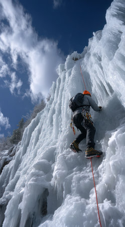 An ice climber is scaling a frozen waterfall, captured in a vertical composition. The image displays the textures of ice and rock formations illuminated by sunlight. The scene is set under a bright, blue sky with whisps of clouds suggesting an outdoor environment suitable for adventure and editorial purposes.の素材