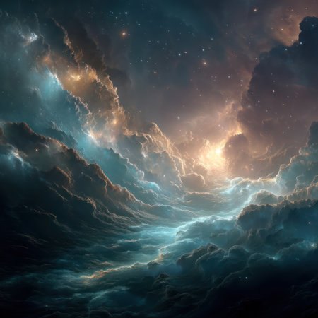 An ethereal scene displays swirling clouds illuminated by radiant light. Hues of blue, gold, and turquoise create a dramatic contrast. The style suggests a digital painting, evoking a sense of wonder and cosmic expanse. Suitable for use in design, illustration, and conceptual projects.の素材