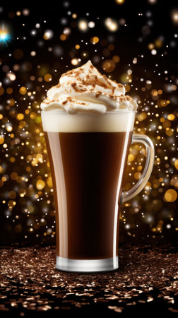 A tall glass of coffee is topped with a generous swirl of whipped cream and a dusting of cocoa. The warm brown beverage contrasts with the creamy white topping. The image features a dark background with golden bokeh, suggesting a celebratory or special occasion. Suitable for use in culinary, beverage, or lifestyle-themed projects.の素材