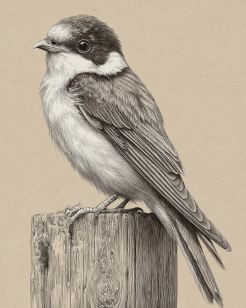 This detailed pencil illustration depicts a songbird, resting on a wooden post. The image features a monochromatic color scheme, with textures and shading suggesting a realistic depiction. The composition uses a neutral background and focused lighting, making it suitable for editorial or commercial applications. The artwork conveys a sense of naturalism and observation.の素材