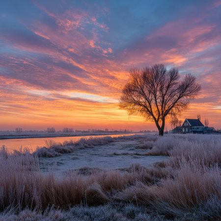 A vibrant sunset illuminates the scene, featuring frosted grass in the foreground and a tree silhouette. A small building sits on the horizon near a river. The composition is visually appealing, with warm tones and soft lighting. This landscape image could be suitable for various commercial and editorial applications.の素材