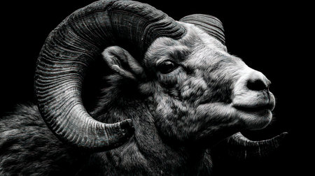 A close-up, high-contrast monochrome image features a ram with prominent curled horns. The ram's face and fur textures are detailed, set against a dark background. The lighting highlights the animal's features, emphasizing its strength. This image could be suitable for editorial use, or design projects needing a powerful visual element.の素材