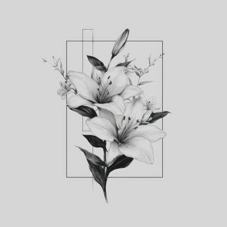 A grayscale illustration presents lilies and foliage against a neutral backdrop. The composition features a delicate arrangement of petals and leaves, rendered with shading and fine lines. The artwork, with its symmetrical design, could be suitable for various design projects, including prints or decorative elements.の素材