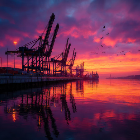 An industrial port scene is captured at dusk, showcasing large cranes against a vivid sunset. The composition highlights the silhouettes of the structures and their reflections on the calm water surface. The color palette features intense reds, oranges, and purples, indicating a dramatic evening. Suitable for commercial and editorial purposes.の素材