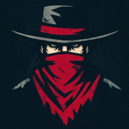 A close-up image features a person depicted in a stylized manner. The individual wears a hat and a red bandana covering the lower face. The artwork showcases a dark aesthetic with contrasting colors. The image may be suitable for use in design projects or editorial illustrations.の素材
