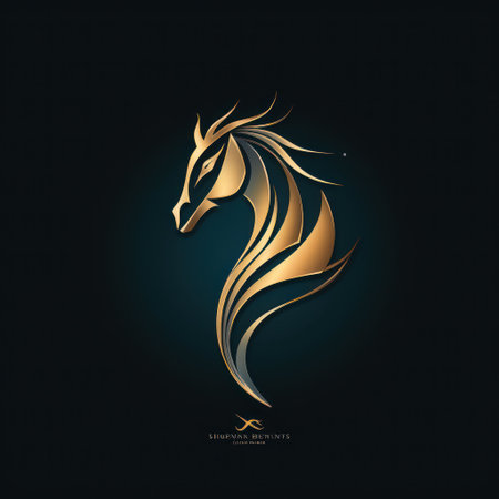 A stylized golden horse logo dominates a dark background. The artwork features flowing lines and a sophisticated aesthetic. Its color palette uses gold and dark tones, and the composition is symmetrical. This design is suitable for use in various branding materials, websites, and promotional content. It could be used for both commercial and editorial purposes.の素材