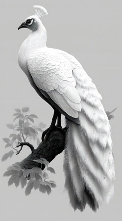 An elegant white peacock is the central subject of this grayscale illustration. Its feathers and form are detailed, sitting atop a stylized branch with foliage. The lighting suggests a natural outdoor environment. This image could be used for various commercial projects and editorial needs.の素材