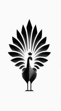 This image features a stylized black and white illustration of a peacock, characterized by its open tail and a small crown. The artwork showcases geometric forms and a flat design against a white background. It can be used for various commercial purposes, including graphic design and editorial applications.の素材