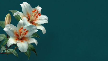 Two pristine white lilies with orange accents and green foliage are set against a solid teal background. The image showcases soft lighting and a studio-style composition. It could be suitable for various design projects, including decorative purposes and editorial use.の素材