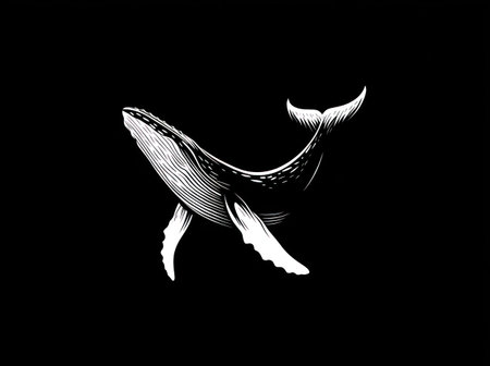 A detailed illustration depicts a whale gracefully swimming against a stark black background. The image showcases intricate line work defining the whale's form. The composition features high contrast with white and black, suitable for various applications, including print and digital media for commercial or editorial purposes.の素材