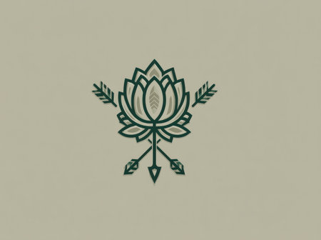 An illustration features a symmetrical lotus flower design accented by arrows. The graphic exhibits a minimalist style with clean lines. The color palette includes shades of green and brown on a neutral background. This design could be suitable for branding, logos, or other commercial purposes.の素材