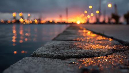 A close-up shot shows a stone surface reflecting the warm hues of the sunset and streetlights. The wet surface adds depth, while the soft focus creates an atmospheric perspective. The colors range from orange and yellow to dark blue, with natural lighting. Suitable for artistic and visual projects.の素材