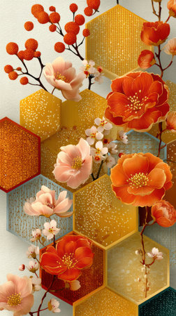 This image showcases a vibrant floral design. The composition features a repeating honeycomb pattern filled with blossoms in shades of orange, yellow, and peach. The artwork uses a textured style. It would be suitable for use in design projects or as a decorative element.の素材