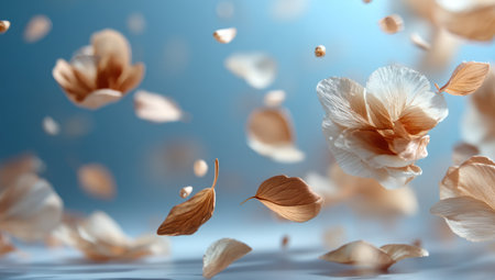 This image showcases delicate flower petals suspended against a gradient blue backdrop. The petals vary in size and color, ranging from light cream to a soft brown hue. The composition highlights a sense of motion and lightness. Suitable for various design applications, this image offers potential for visual interest.の素材