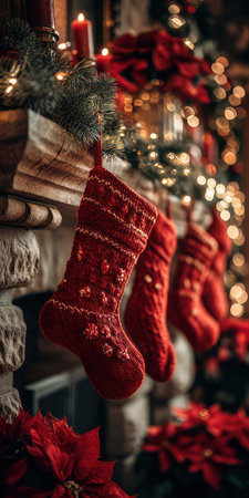 The image presents a cozy scene of red Christmas stockings hanging over a fireplace. The scene is illuminated by warm, ambient lighting, creating a sense of festivity. Green foliage and other red decorations complement the stockings. This visual could be used for holiday-themed advertising, greeting cards, or editorial content.の素材