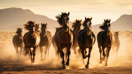 A herd of horses gallops across a dry landscape, kicking up dust. Warm colors dominate the scene, with the horses' coats and the ground appearing in shades of brown and gold. The composition features a wide view, suggesting an open environment, possibly used for promotional or illustrative purposes.の素材