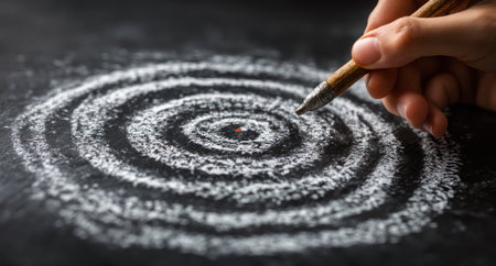 A hand meticulously draws concentric spiral circles using a drawing tool on a dark, textured surface. The image showcases a close-up perspective with a shallow depth of field, highlighting the white chalk against the black background. The composition suggests artistic process and creativity, potentially suitable for design or educational projects.の素材