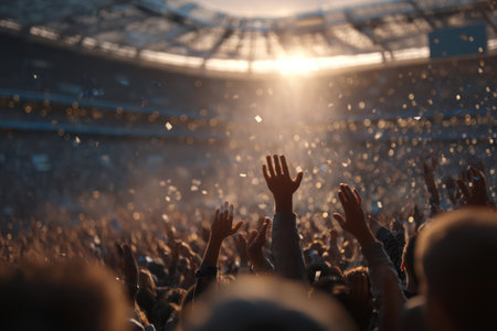 A vast crowd celebrates with raised hands as the bright light shines overhead. The scene is filled with a sense of excitement and energy. The composition emphasizes a wide-angle perspective. The environment suggests an indoor arena setting with possible applications in entertainment and event promotion.の素材