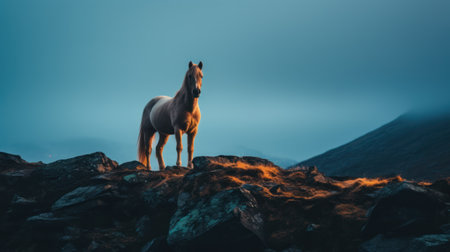 A single horse stands on a rocky outcrop, illuminated by warm light against a cool, blue-toned sky. The image showcases the animal's silhouette and form, with hints of the surrounding landscape. Suitable for use in a variety of commercial and editorial contexts, this image conveys a sense of freedom.の素材